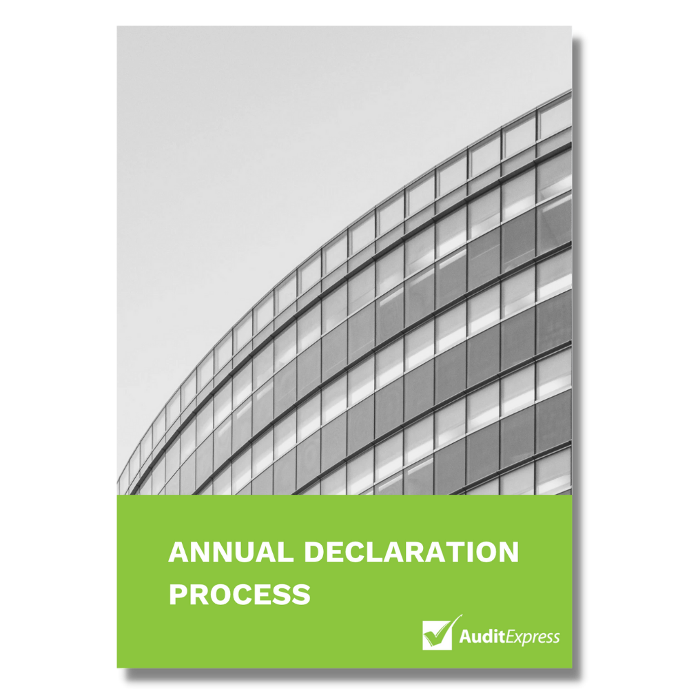 Front cover of the ASQA VRQA Annual Declaration Process Guide. Title sits on green strip with logo. Black and white image of a curved office building above. 
