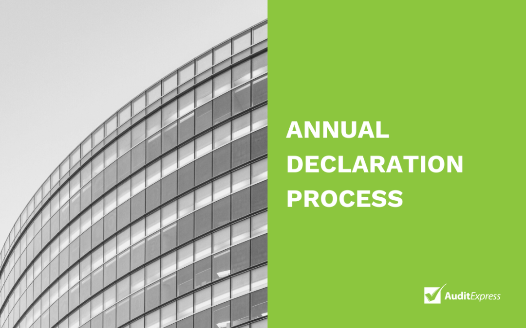 Front cover of the ASQA VRQA Annual Declaration Process Guide. Title sits on green strip with logo. Black and white image of a curved office building on left hand side.