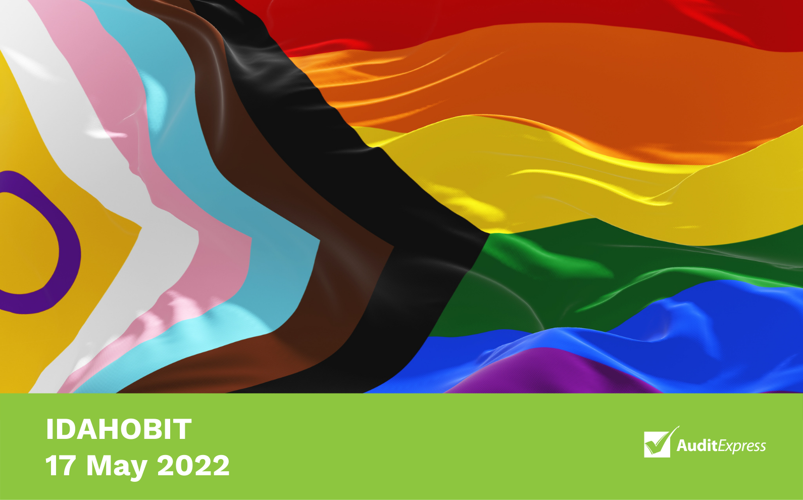 Pride Progress flag with IDAHOBIT, 17 May 2022 label and Audit Express logo