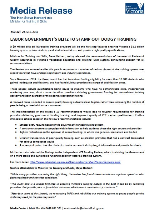 Victorian #VETreview is out | Minister’s $9 million blitz on low-quality training providers, with the aim to ‘rescue TAFE’.
